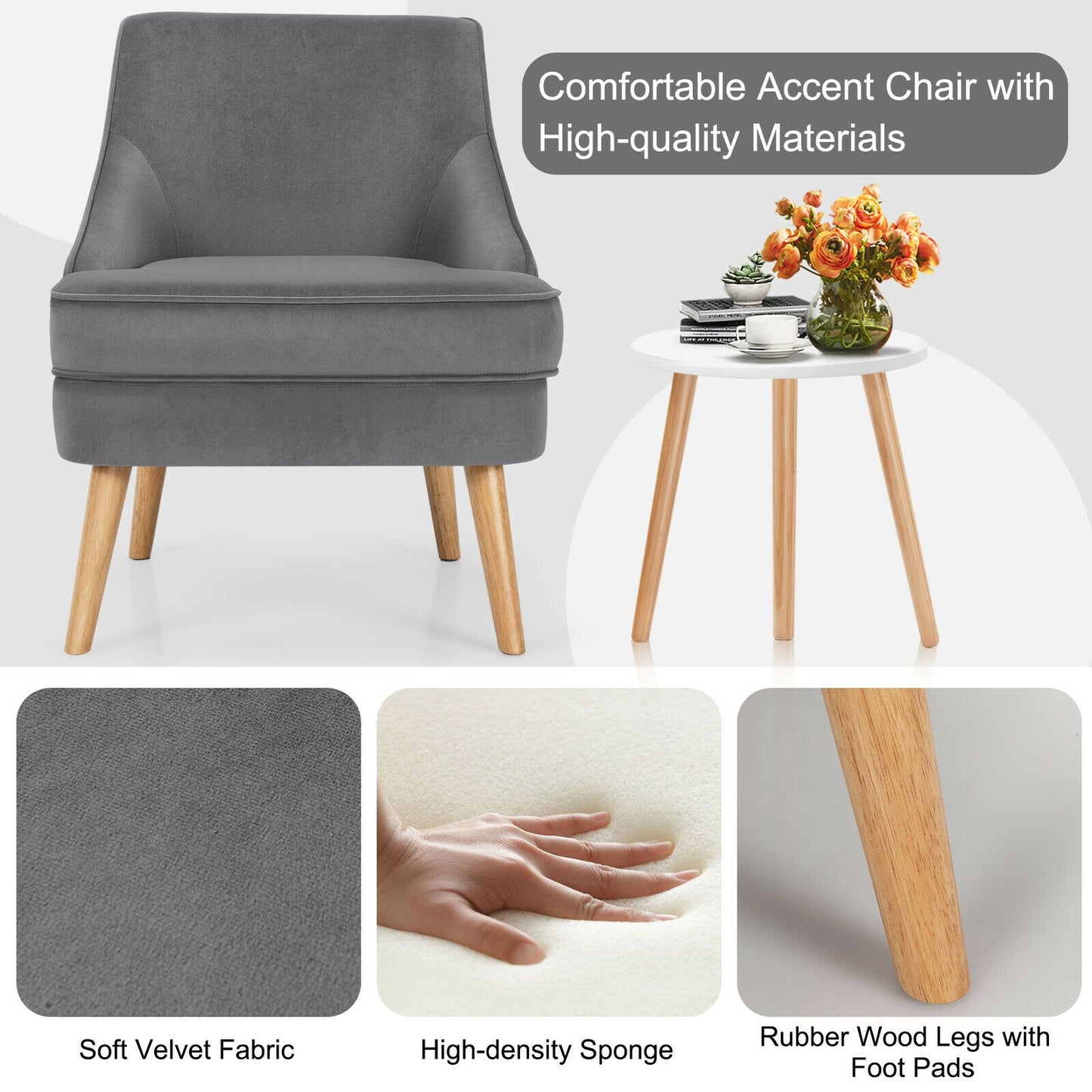 Modern Upholstered Armchair with Ergonomic Backrest and Wood Legs - Grey