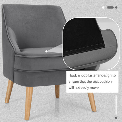 Modern Upholstered Armchair with Ergonomic Backrest and Wood Legs - Grey