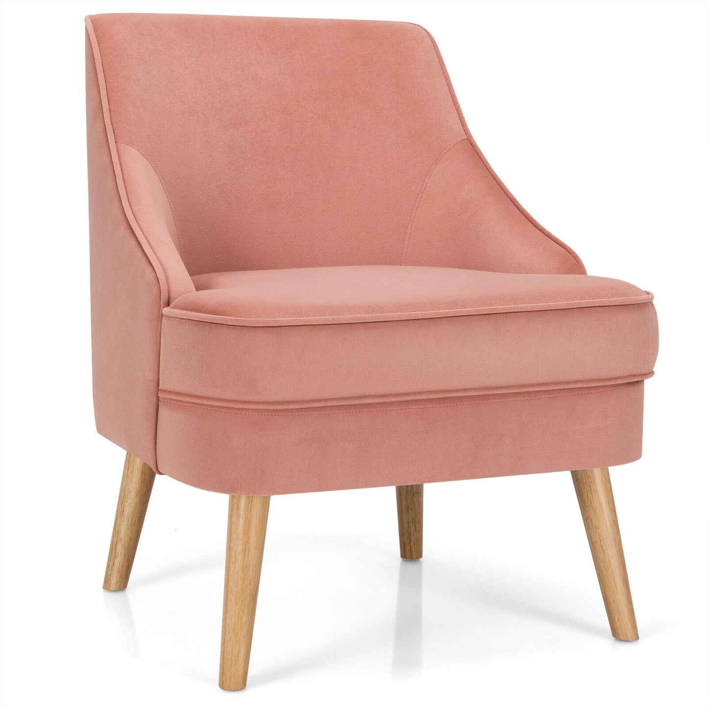 Modern Upholstered Armchair with Ergonomic Backrest and Wood Legs - Pink