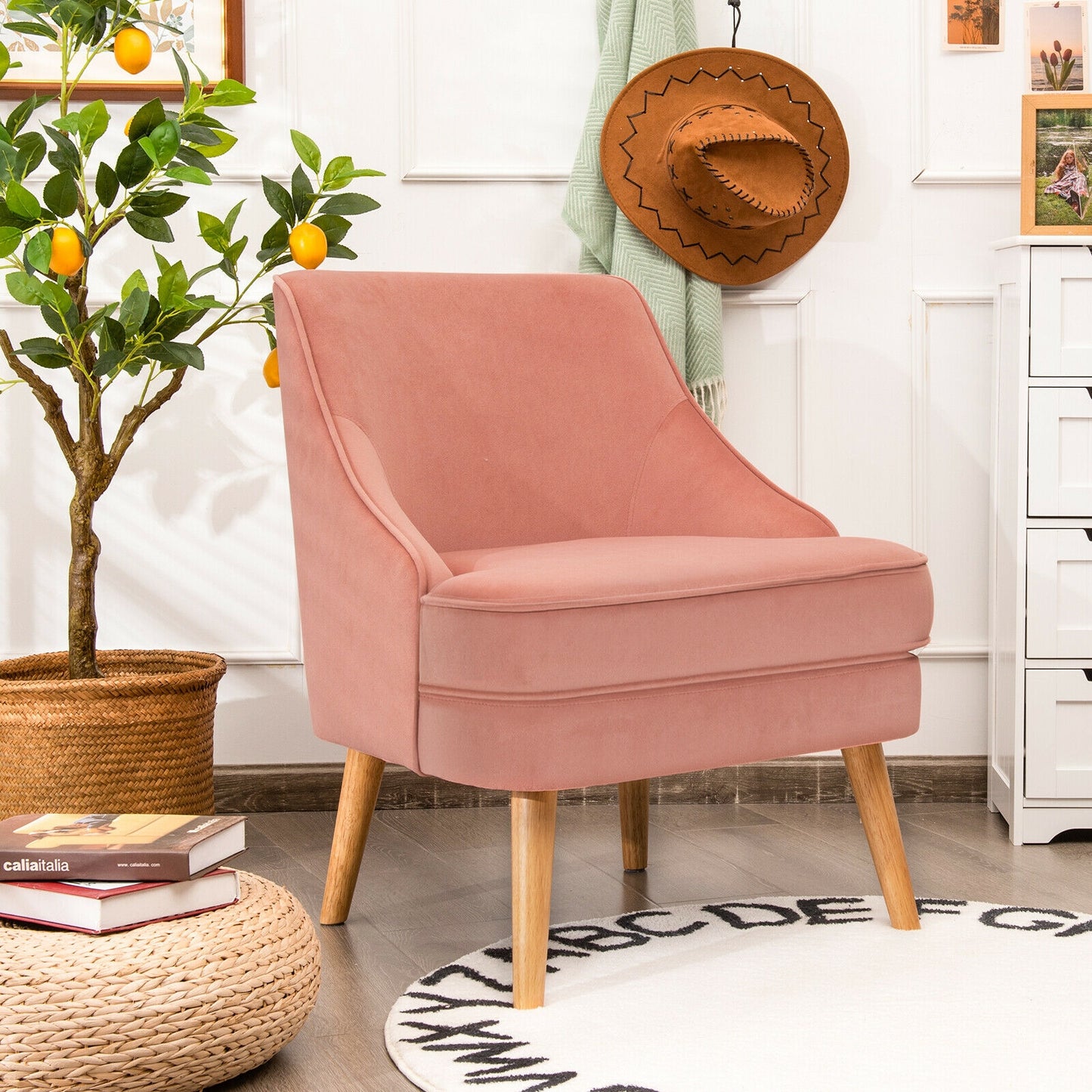 Modern Upholstered Armchair with Ergonomic Backrest and Wood Legs - Pink
