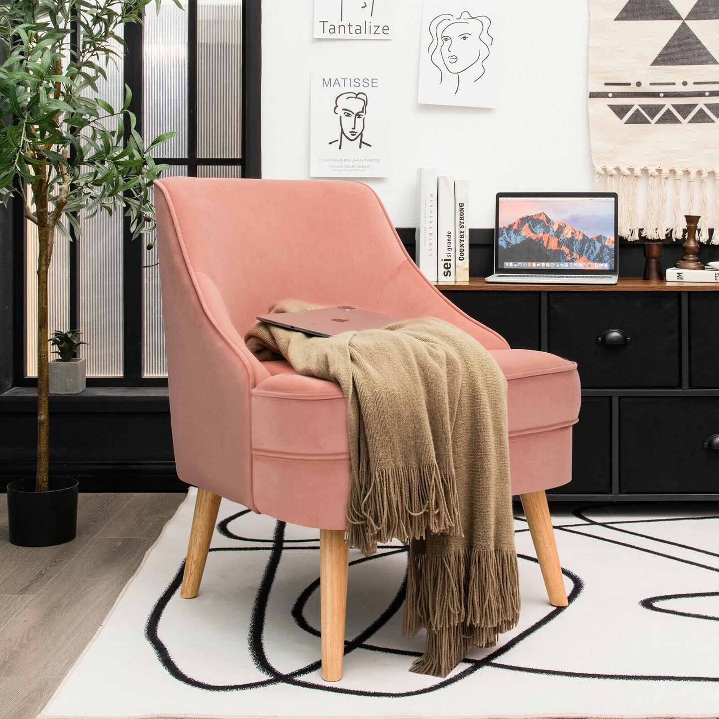 Modern Upholstered Armchair with Ergonomic Backrest and Wood Legs - Pink
