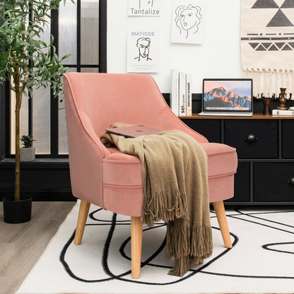 Modern Upholstered Armchair with Ergonomic Backrest and Wood Legs - Pink