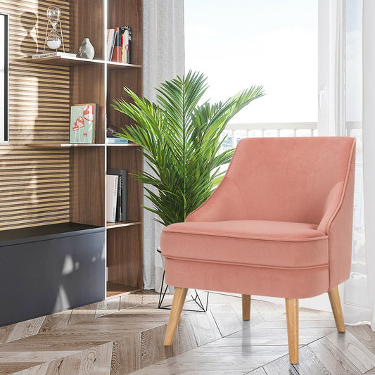 Modern Upholstered Armchair with Ergonomic Backrest and Wood Legs - Pink