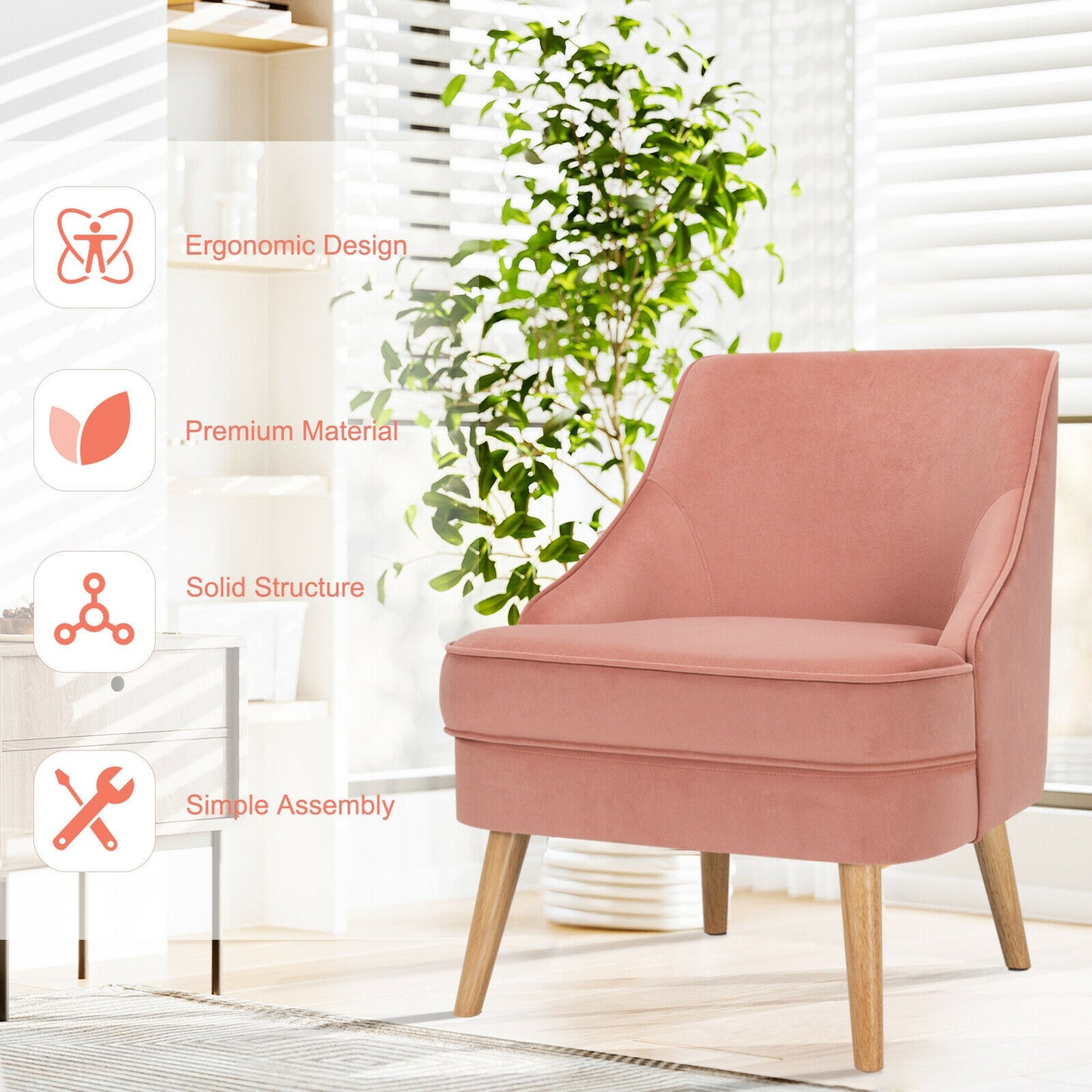Modern Upholstered Armchair with Ergonomic Backrest and Wood Legs - Pink