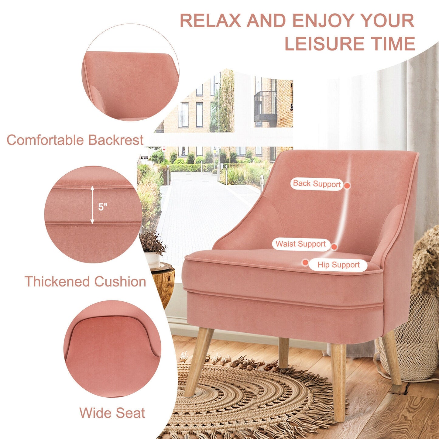Modern Upholstered Armchair with Ergonomic Backrest and Wood Legs - Pink