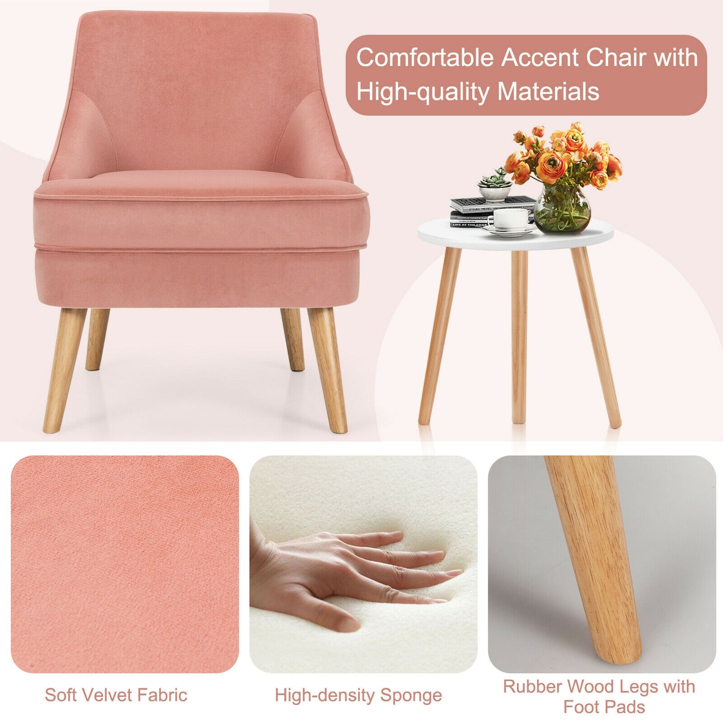 Modern Upholstered Armchair with Ergonomic Backrest and Wood Legs - Pink