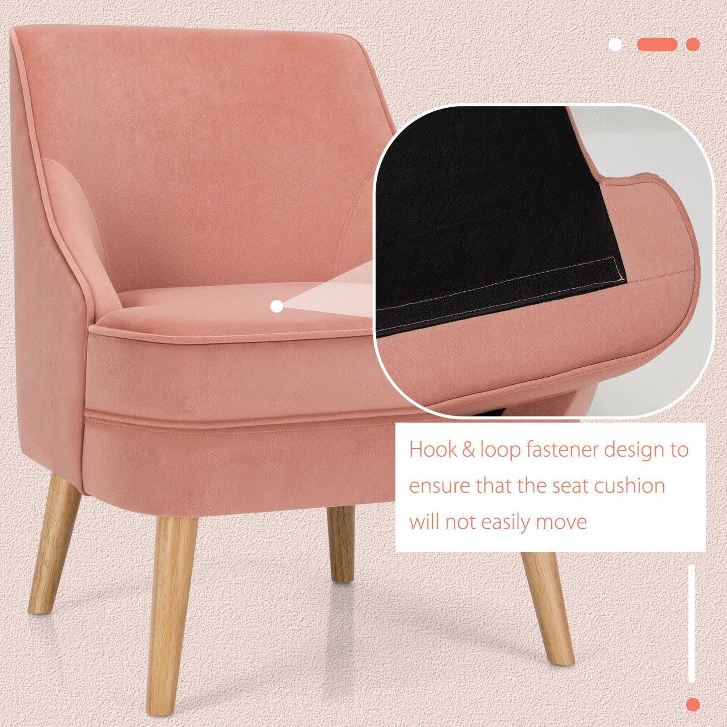 Modern Upholstered Armchair with Ergonomic Backrest and Wood Legs - Pink