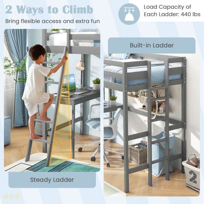 Space-Saving Twin Loft Bed with Desk, Angled Ladder, and Built-in Storage - Grey