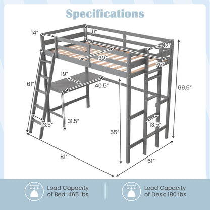 Space-Saving Twin Loft Bed with Desk, Angled Ladder, and Built-in Storage - Grey