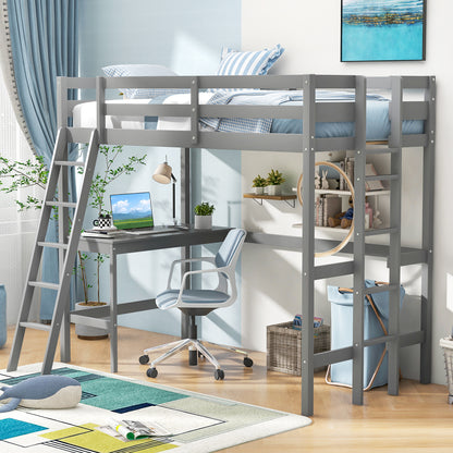 Space-Saving Twin Loft Bed with Desk, Angled Ladder, and Built-in Storage - Grey