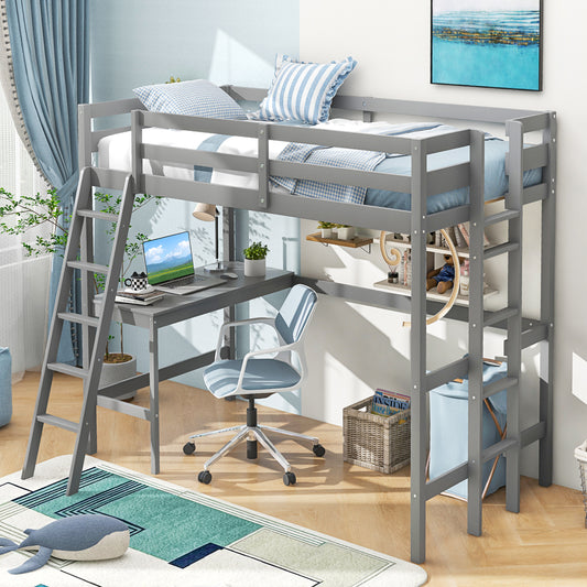 Space-Saving Twin Loft Bed with Desk, Angled Ladder, and Built-in Storage - Grey