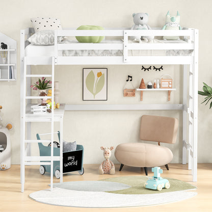 Space-Saving Twin Loft Bed with Desk, Angled Ladder, and Built-in Storage - White
