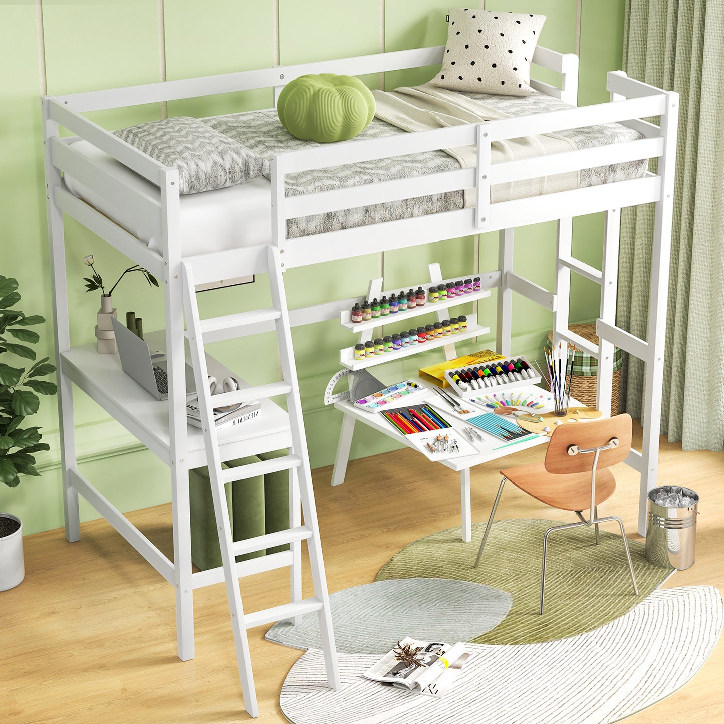 Space-Saving Twin Loft Bed with Desk, Angled Ladder, and Built-in Storage - White