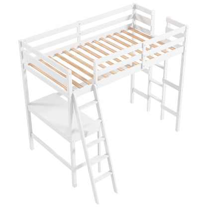 Space-Saving Twin Loft Bed with Desk, Angled Ladder, and Built-in Storage - White