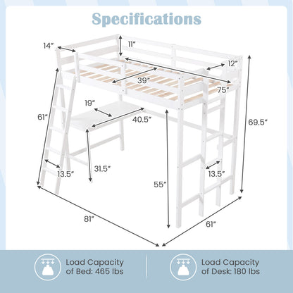 Space-Saving Twin Loft Bed with Desk, Angled Ladder, and Built-in Storage - White