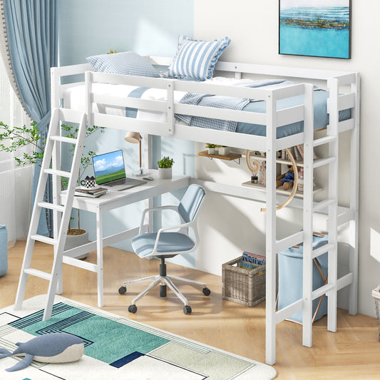 Space-Saving Twin Loft Bed with Desk, Angled Ladder, and Built-in Storage - White