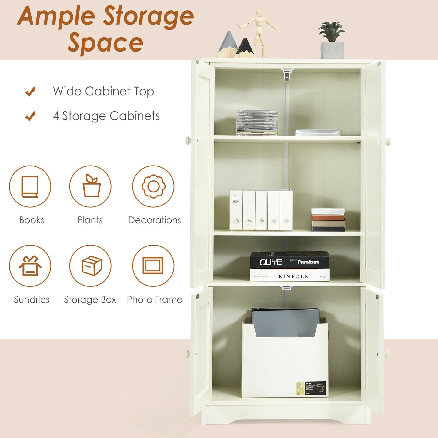 Antique 2 Door Accent Floor Cabinet with Adjustable Shelves and Spacious Storage - White