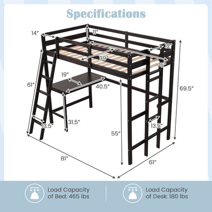 Space-Saving Twin Loft Bed with Desk, Angled Ladder, and Built-in Storage - Dark Brown