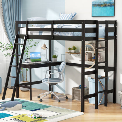 Space-Saving Twin Loft Bed with Desk, Angled Ladder, and Built-in Storage - Dark Brown