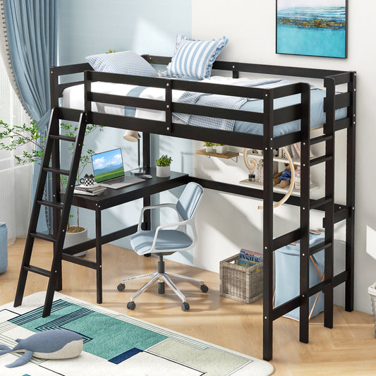 Space-Saving Twin Loft Bed with Desk, Angled Ladder, and Built-in Storage - Dark Brown