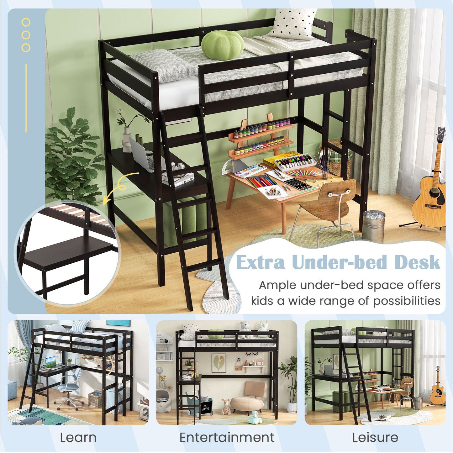 Space-Saving Twin Loft Bed with Desk, Angled Ladder, and Built-in Storage - Dark Brown