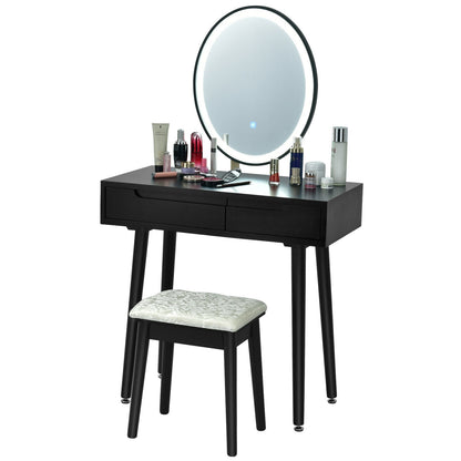 Touch Screen Vanity Makeup Table Set with 3-Color Dimmable LED Mirror and Cushioned Stool – Black