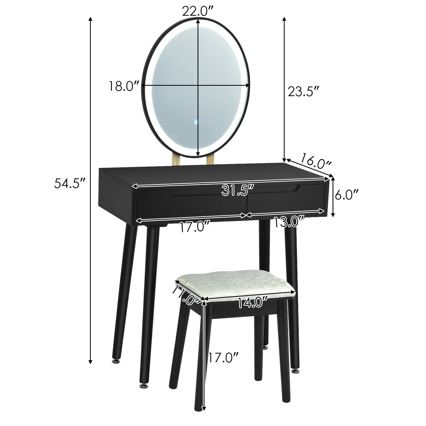 Touch Screen Vanity Makeup Table Set with 3-Color Dimmable LED Mirror and Cushioned Stool – Black