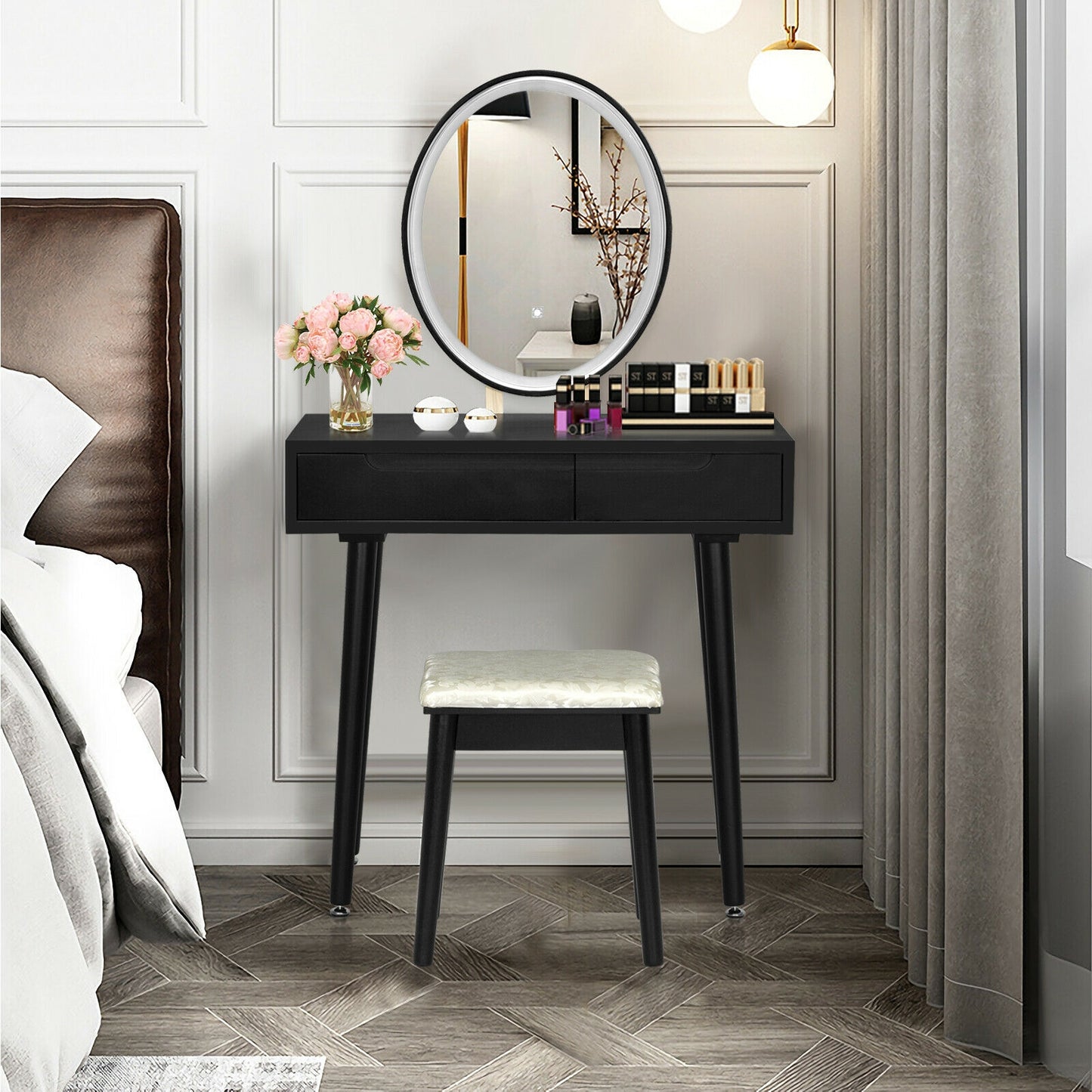 Touch Screen Vanity Makeup Table Set with 3-Color Dimmable LED Mirror and Cushioned Stool – Black
