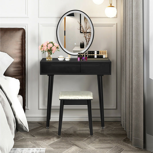 Touch Screen Vanity Makeup Table Set with 3-Color Dimmable LED Mirror and Cushioned Stool – Black