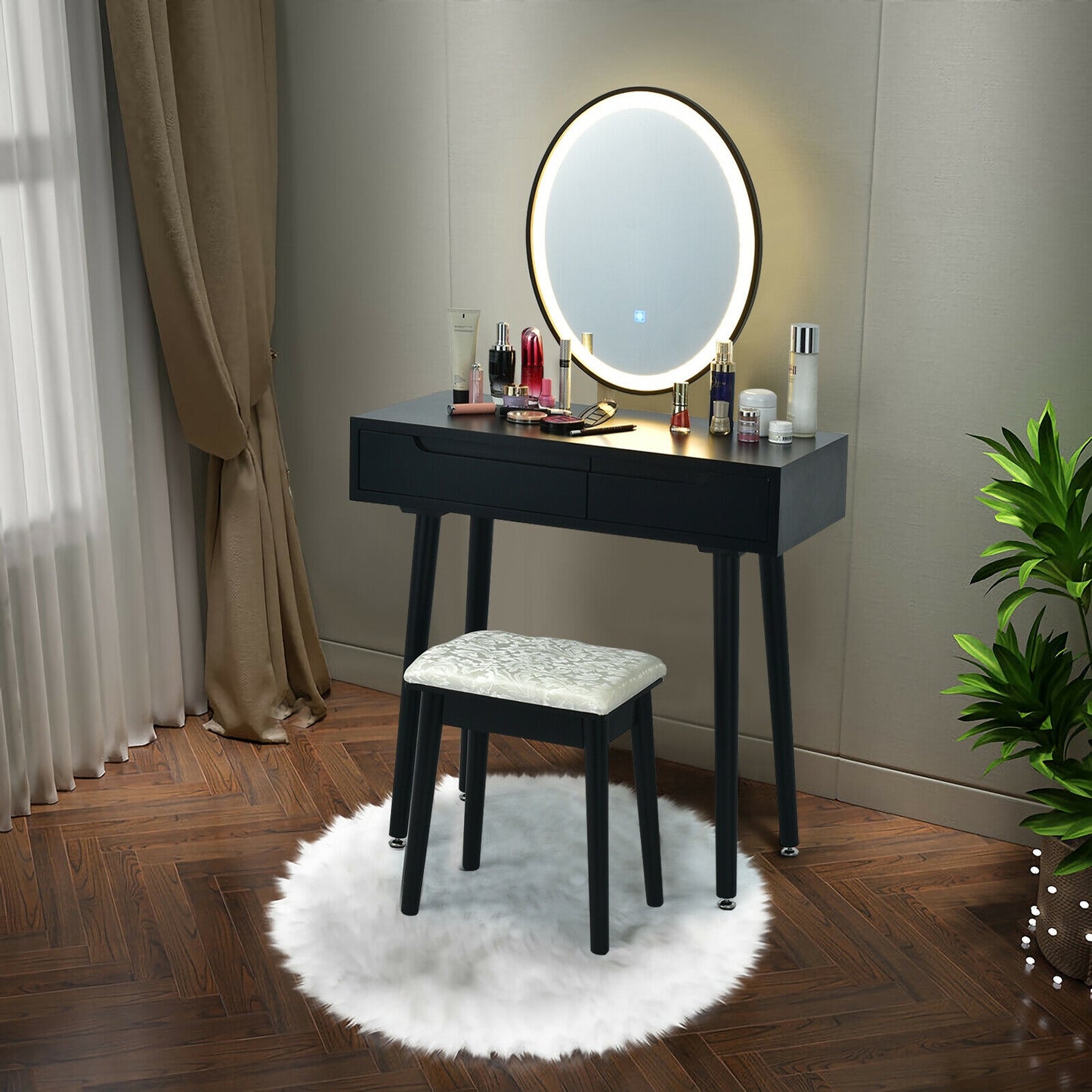 Touch Screen Vanity Makeup Table Set with 3-Color Dimmable LED Mirror and Cushioned Stool – Black