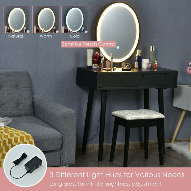 Touch Screen Vanity Makeup Table Set with 3-Color Dimmable LED Mirror and Cushioned Stool – Black