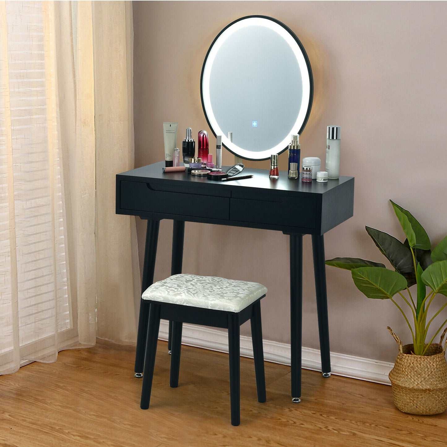 Touch Screen Vanity Makeup Table Set with 3-Color Dimmable LED Mirror and Cushioned Stool – Black