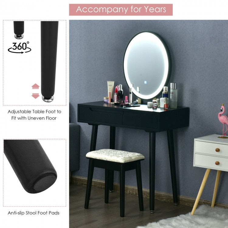 Touch Screen Vanity Makeup Table Set with 3-Color Dimmable LED Mirror and Cushioned Stool – Black