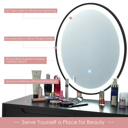 Touch Screen Vanity Makeup Table Set with 3-Color Dimmable LED Mirror and Cushioned Stool – Black