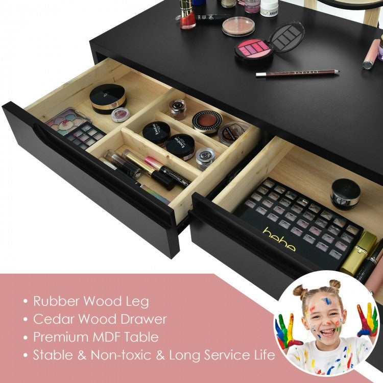 Touch Screen Vanity Makeup Table Set with 3-Color Dimmable LED Mirror and Cushioned Stool – Black