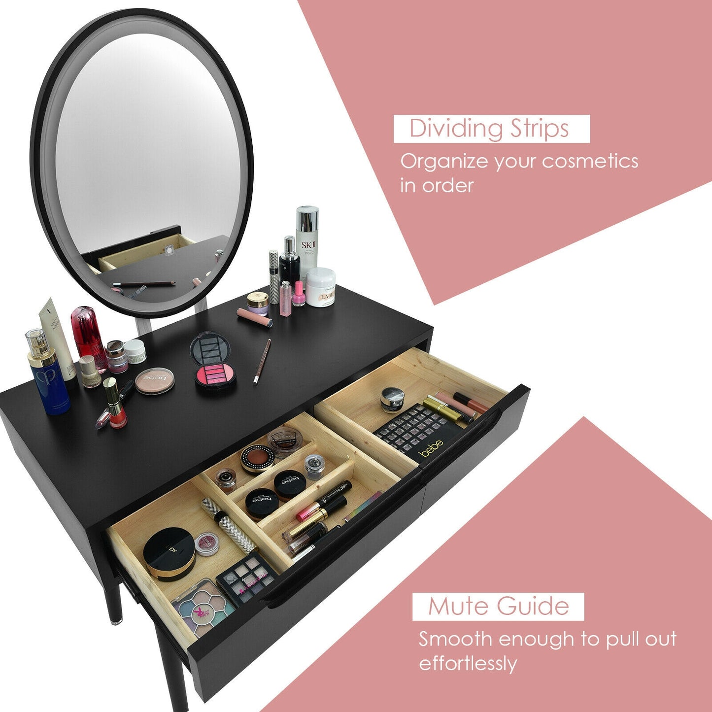 Touch Screen Vanity Makeup Table Set with 3-Color Dimmable LED Mirror and Cushioned Stool – Black