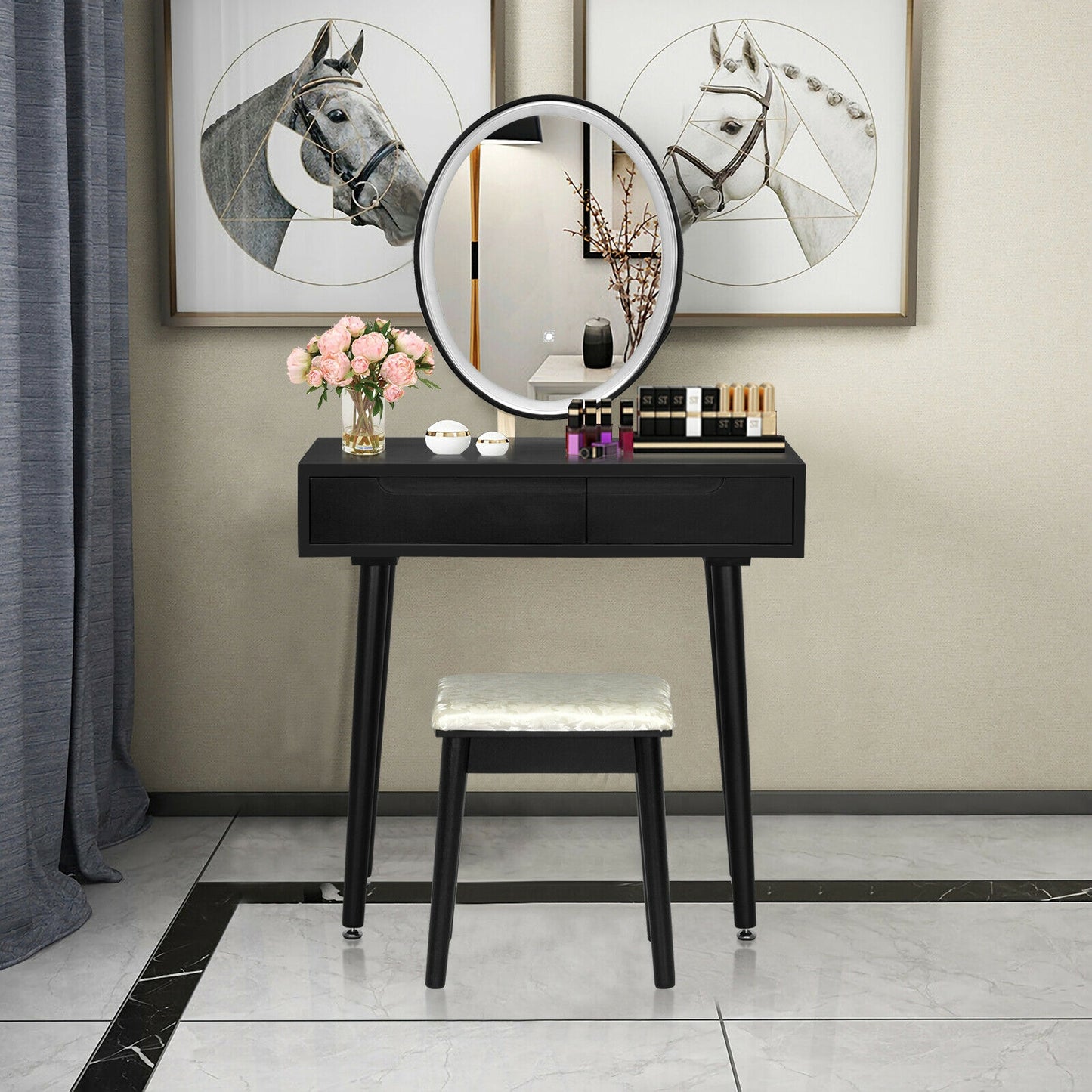 Touch Screen Vanity Makeup Table Set with 3-Color Dimmable LED Mirror and Cushioned Stool – Black