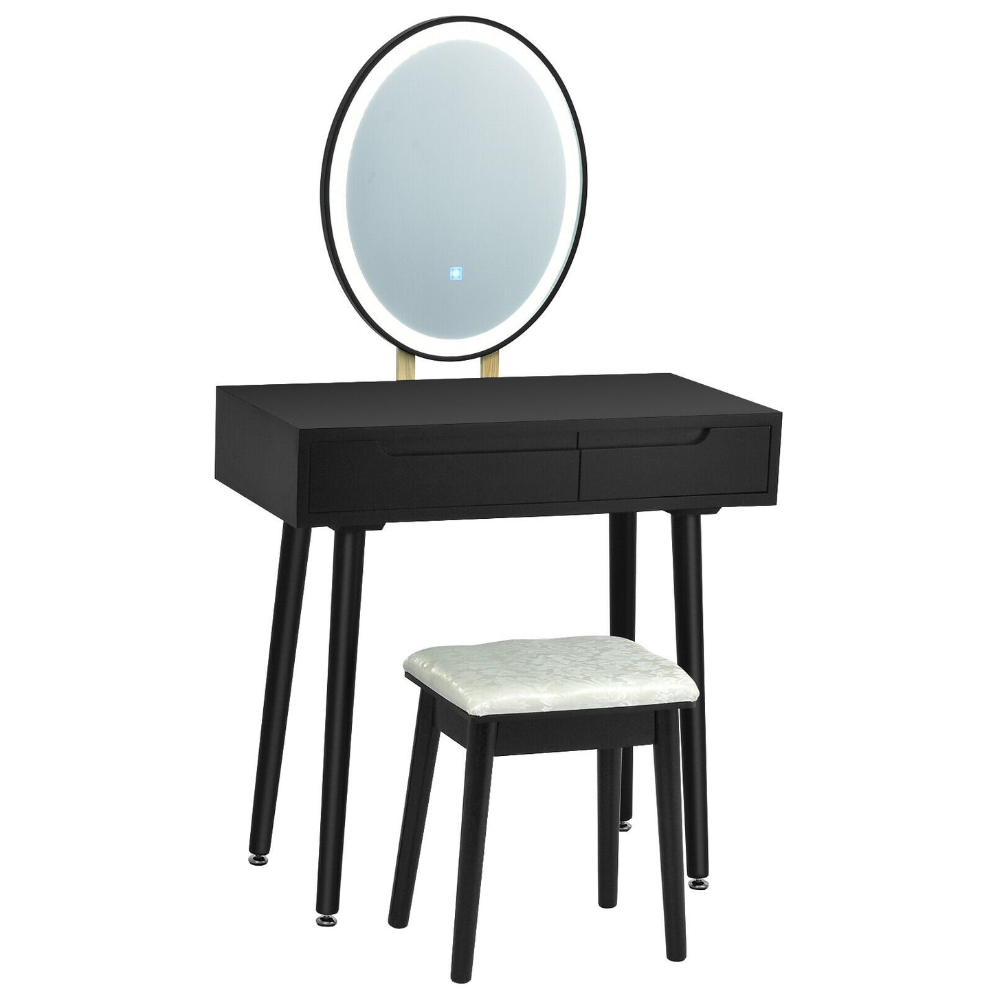 Touch Screen Vanity Makeup Table Set with 3-Color Dimmable LED Mirror and Cushioned Stool – Black