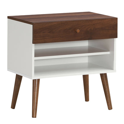 Mid-Century Modern Nightstand with Drawer and Solid Rubber Wood Legs