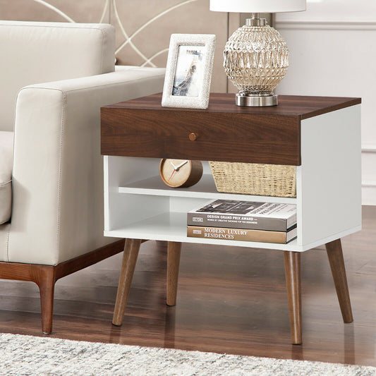 Mid-Century Modern Nightstand with Drawer and Solid Rubber Wood Legs