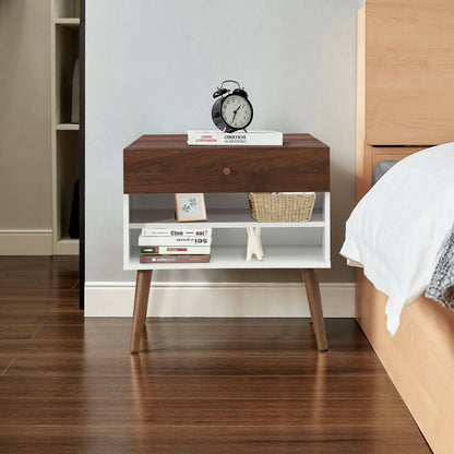 Mid-Century Modern Nightstand with Drawer and Solid Rubber Wood Legs