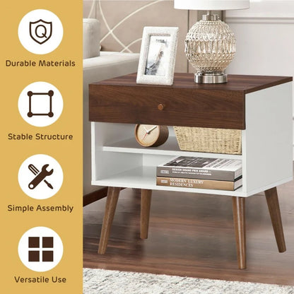 Mid-Century Modern Nightstand with Drawer and Solid Rubber Wood Legs