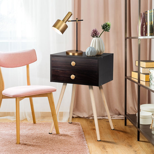 Compact Nightstand with Storage Drawers, Mid-Century Style – Brown