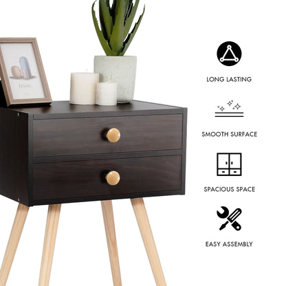 Compact Nightstand with Storage Drawers, Mid-Century Style – Brown