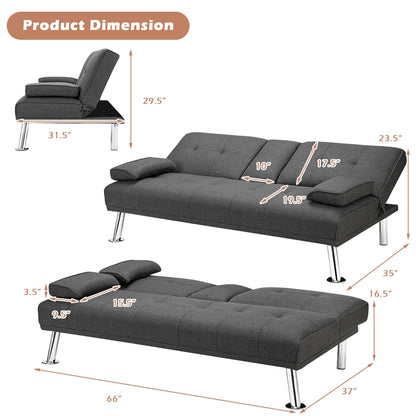 Convertible Futon Sofa Bed with Cup Holders and Adjustable Backrest, Linen Upholstery, Dark Grey