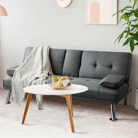Convertible Futon Sofa Bed with Cup Holders and Adjustable Backrest, Linen Upholstery, Dark Grey