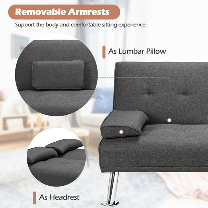 Convertible Futon Sofa Bed with Cup Holders and Adjustable Backrest, Linen Upholstery, Dark Grey