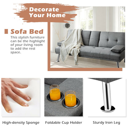 Convertible Futon Sofa Bed with Cup Holders and Adjustable Backrest, Linen Upholstery, Light Grey