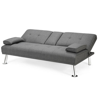 Convertible Futon Sofa Bed with Cup Holders and Adjustable Backrest, Linen Upholstery, Light Grey