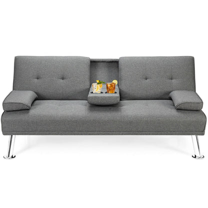 Convertible Futon Sofa Bed with Cup Holders and Adjustable Backrest, Linen Upholstery, Light Grey